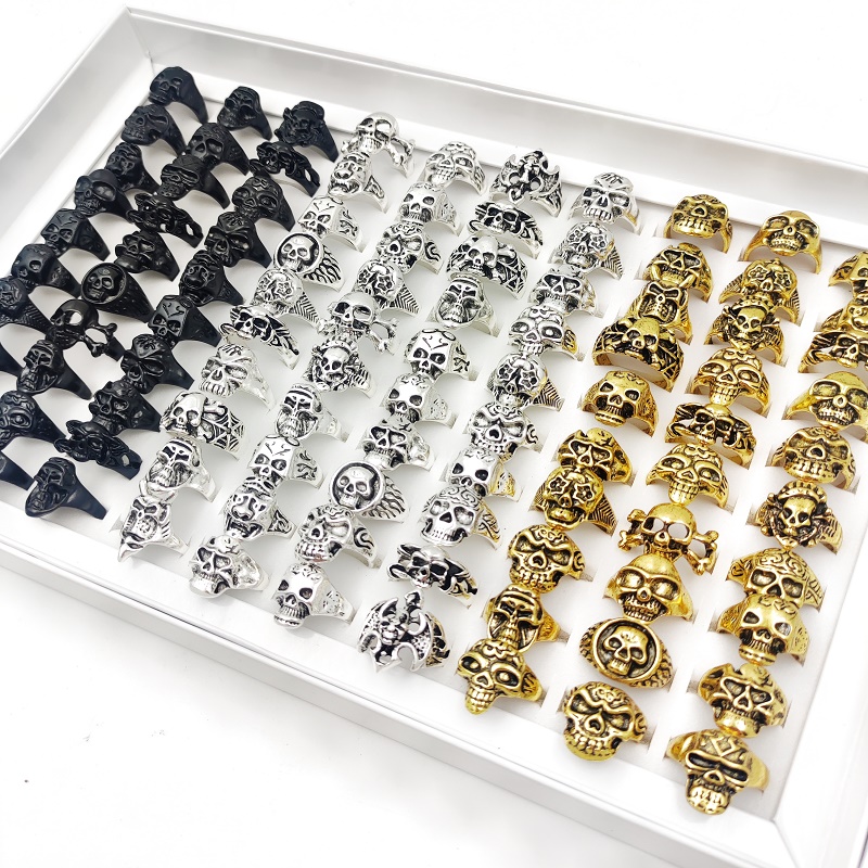 Vintage Punk Skull Skeleton Rings Mix Style Silver Plated Gothic Jewelry Lot